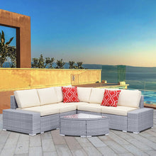 Load image into Gallery viewer, 6-Pieces Outdoor Patio Furniture-Patio Rattan Gray Wicker Sectional Sofa Sets with Red Striped Pillows, Beige Cushions