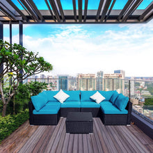 Load image into Gallery viewer, Outdoor Patio Furniture Rattan Wicker Sofa Sets w/Blue cushions and White Pillows