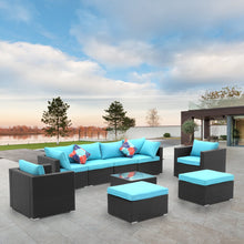 Load image into Gallery viewer, 9 Pieces Outdoor Patio Furniture Sofa Set Wicker Sectional Rattan Conversation Set with Glass Table and Ottoman