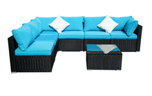 Load image into Gallery viewer, Outdoor Patio Furniture Rattan Wicker Sofa Sets w/Blue cushions and White Pillows
